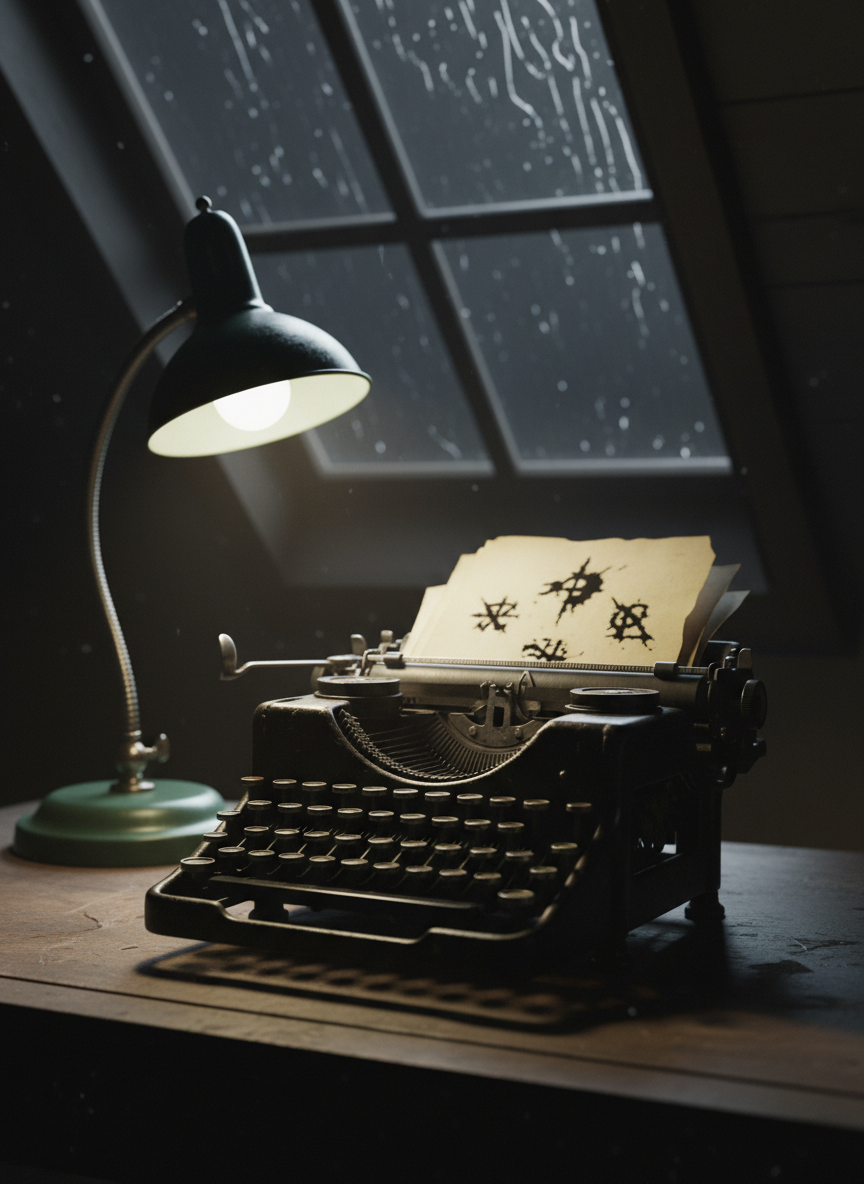 Una vieja máquina de escribir negra, de hierro pesado, con teclas gastadas y algunas letras borradas, reposa sobre un escritorio de madera arañada junto a una ventana abuhardillada. Las hojas amarillentas a medio salir están manchadas por lo que parece tinta oscura, derramada en formas que recuerdan símbolos arcanos. Detrás, el cristal de la ventana muestra una noche sin luna, con lluvia que resbala creando líneas distorsionadas. La única luz proviene de un flexo antiguo de metal verde, que ilumina con un círculo pálido la máquina y deja el resto del desván en penumbra. La atmósfera es inquietante, silenciosa, como si algo acabara de ser escrito. Toma cinematográfica en plano medio, con enfoque preciso en las teclas y un fondo suavemente desenfocado, estilo fílmico realista y sombrío.