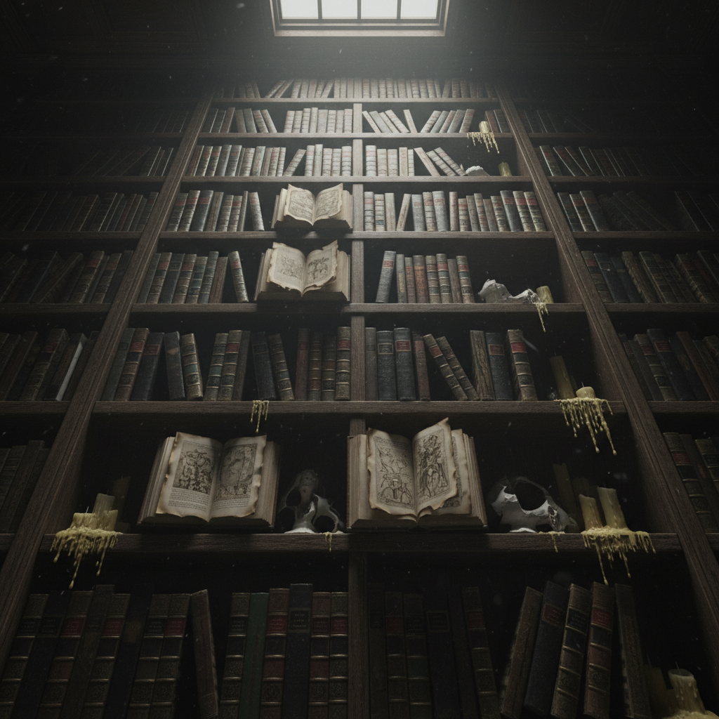 Una estantería altísima de madera oscura, cargada de volúmenes encuadernados en cuero negro, granate y verde profundo, muchos con lomos agrietados y sin títulos legibles. Algunos libros sobresalen, abiertos, con páginas onduladas y bordes quemados. Entre ellos se esconden figuras de porcelana rota y velas consumidas, con cera congelada en chorros amarillentos. La luz entra desde un tragaluz superior, fría y cenicienta, creando columnas de claridad que apenas perforan la penumbra, mientras partículas de polvo flotan lentamente. El ambiente es de biblioteca maldita, silenciosa pero vigilante. Composición vertical, ligeramente contrapicada para enfatizar la altura, con profundidad de campo que mantiene nítido el primer plano y deja lo alto de la estantería envuelto en sombra, estilo cinematográfico gótico, tonos desaturados y texturas muy definidas.